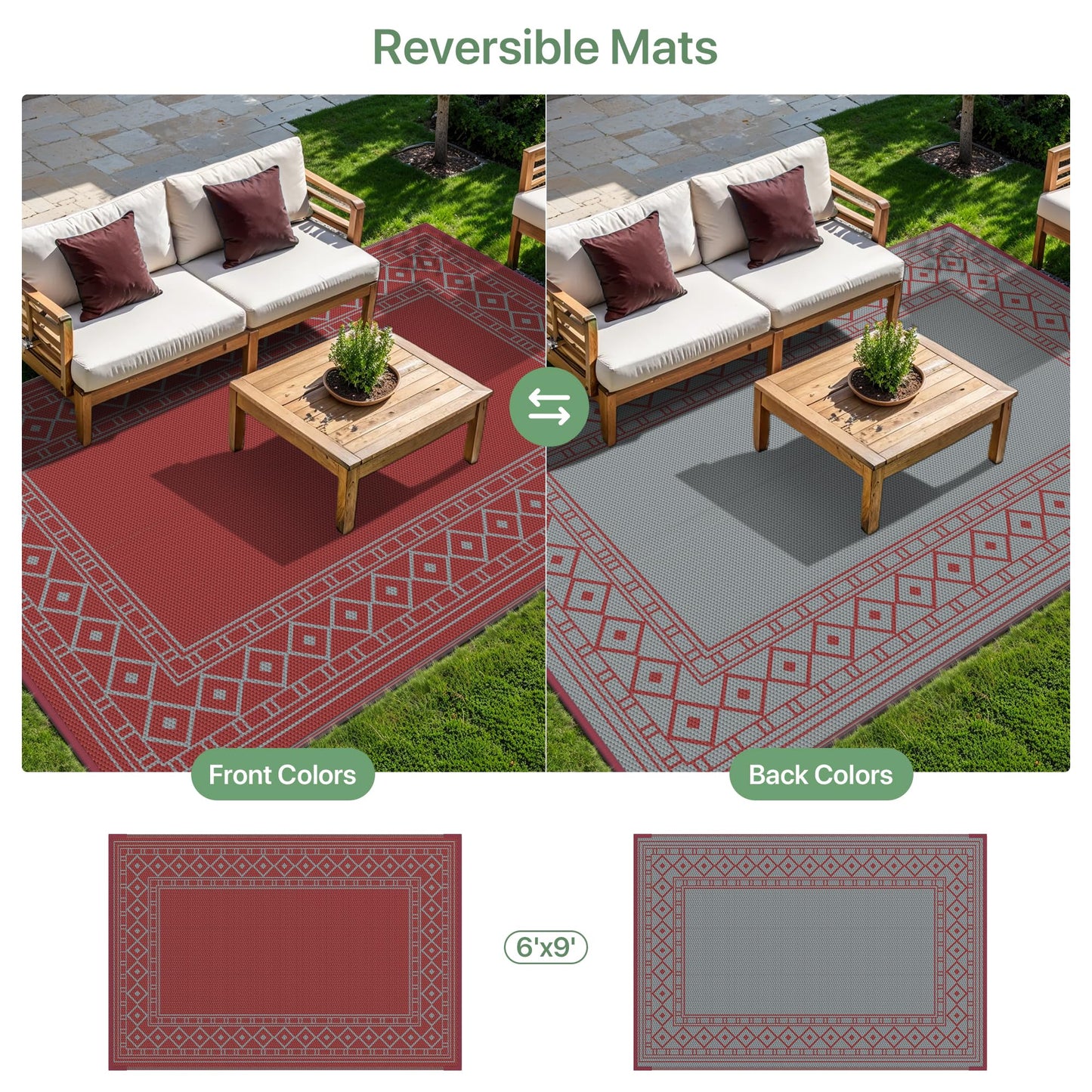 GENIMO Outdoor Rug Waterproof 6'x9' for Patio, Foldable Reversible Plastic Straw Carpet for Travel Trailers, Outside Area Mat for Rv, Deck, Picnic, Porch, Balcony, Beach, Red & Grey