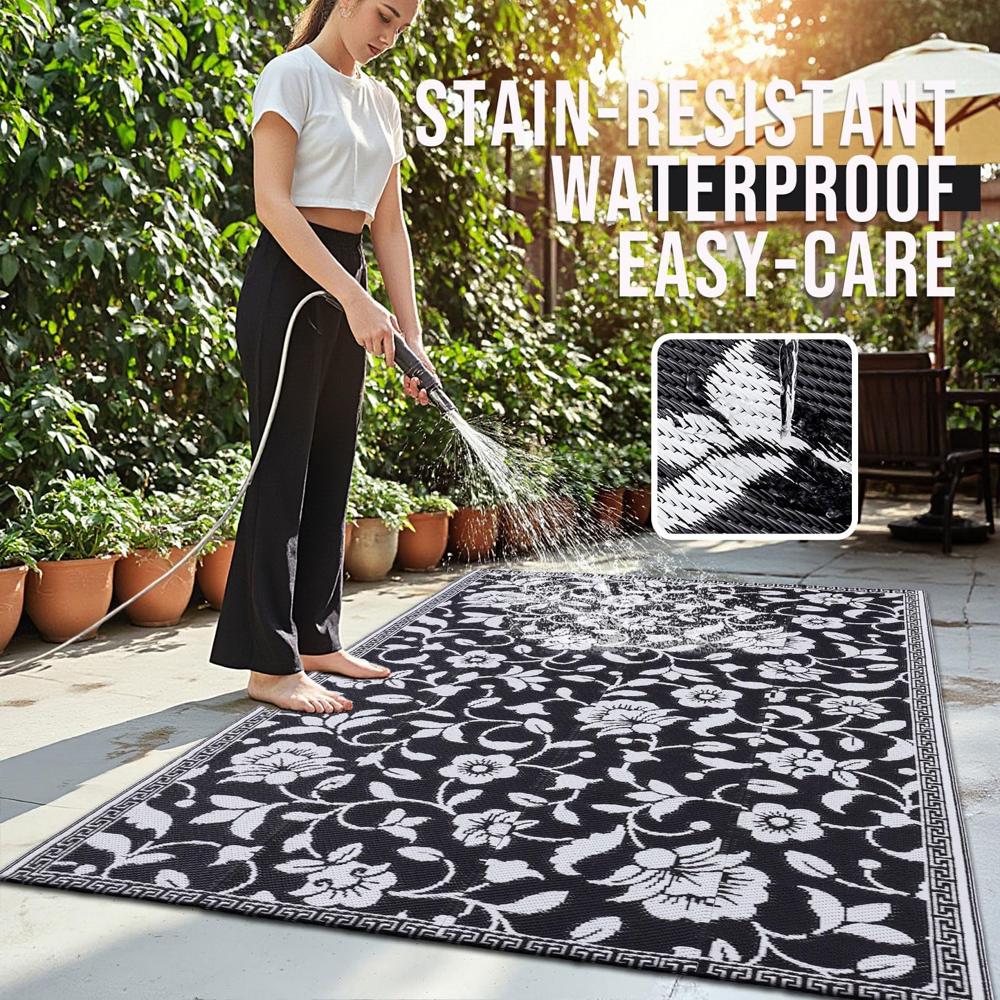 OLANLY Waterproof Outdoor Rug 4x6 ft, Outdoor Plastic Straw Rug with Flower Pattern, Reversible RV Mat for Patio, Camping, Balcony, Deck, Backyard, Black & White