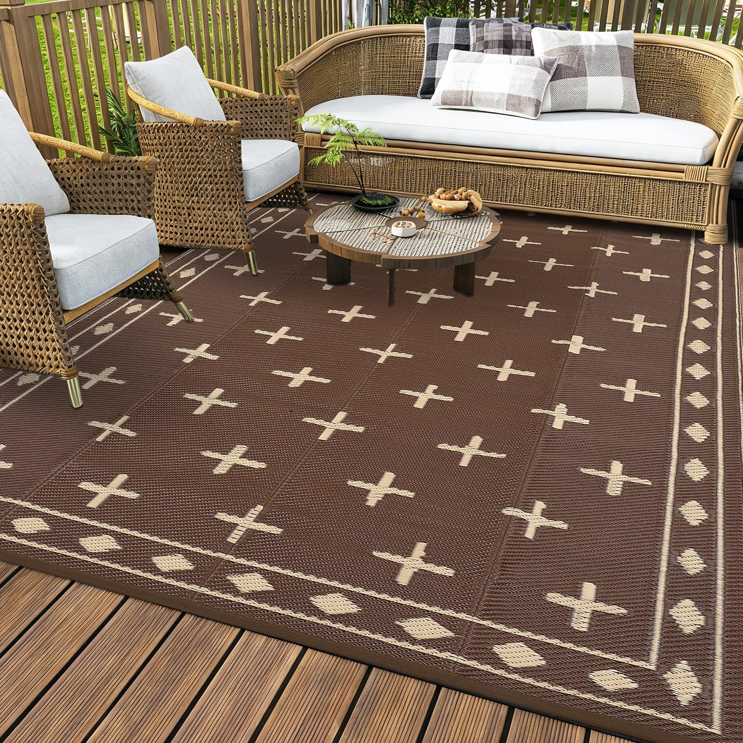 GarveeHome 8'x10' Outdoor Camping Rug – Waterproof, Sand-Free & Foldable – Portable RV Mat for Patio, Beach, Picnic – Reversible Plastic Floor Mat with Carry Bag, UV Resistant, Brown