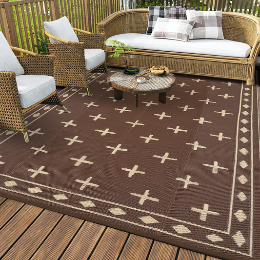 GarveeHome 8'x10' Outdoor Camping Rug – Waterproof, Sand-Free & Foldable – Portable RV Mat for Patio, Beach, Picnic – Reversible Plastic Floor Mat with Carry Bag, UV Resistant, Brown