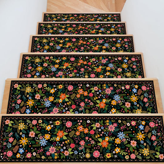 InIsaJace Floral Stair Treads for Wooden Steps, 15 Pack Black Stair Runners Non Slip Indoor 8" X 30", Washable Carpet Rugs with Silicone Backing for Kids Elders and Dogs