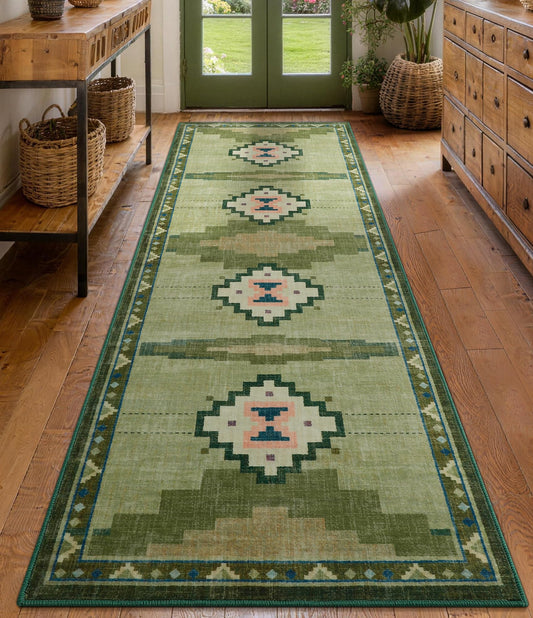 Green Hallway Runner Rug 2x6 Non-Slip, Washable Mid Century Modern Entryway Rug, Low Pile Runner Rug for Kitchen, Bedroom, Laundry Room