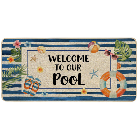 Baccessor Summer Pool Doormat 17x36 Inch Long, Welcome to Our Pool Tropical Poolside Low Profile Door Mat Non-Slip Rubber Backing for Floor Entrance Seasonal Outside Patio Porch Home Decor