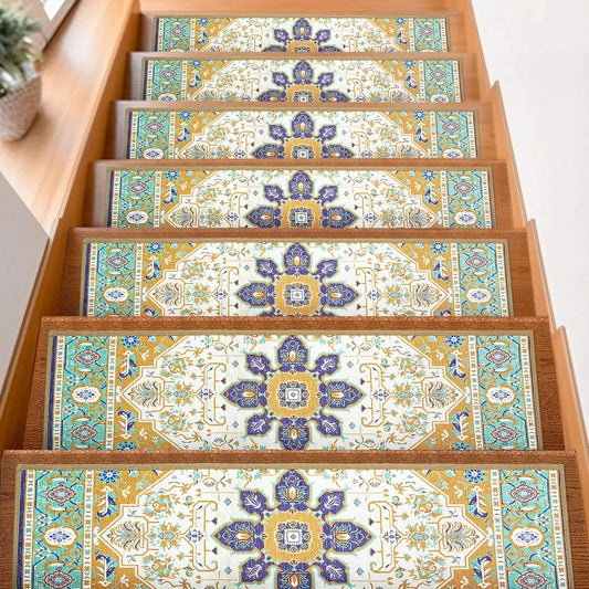 FlowaFoli 15Pcs Stair Treads for Wooden Steps Indoor with Self Adhesive, 8"x30" Non Slip Stair Treads Stair Carpet Runner, Resistant Indoor Runner for Kids、Elders and Pets,Blue and Gold Pattern