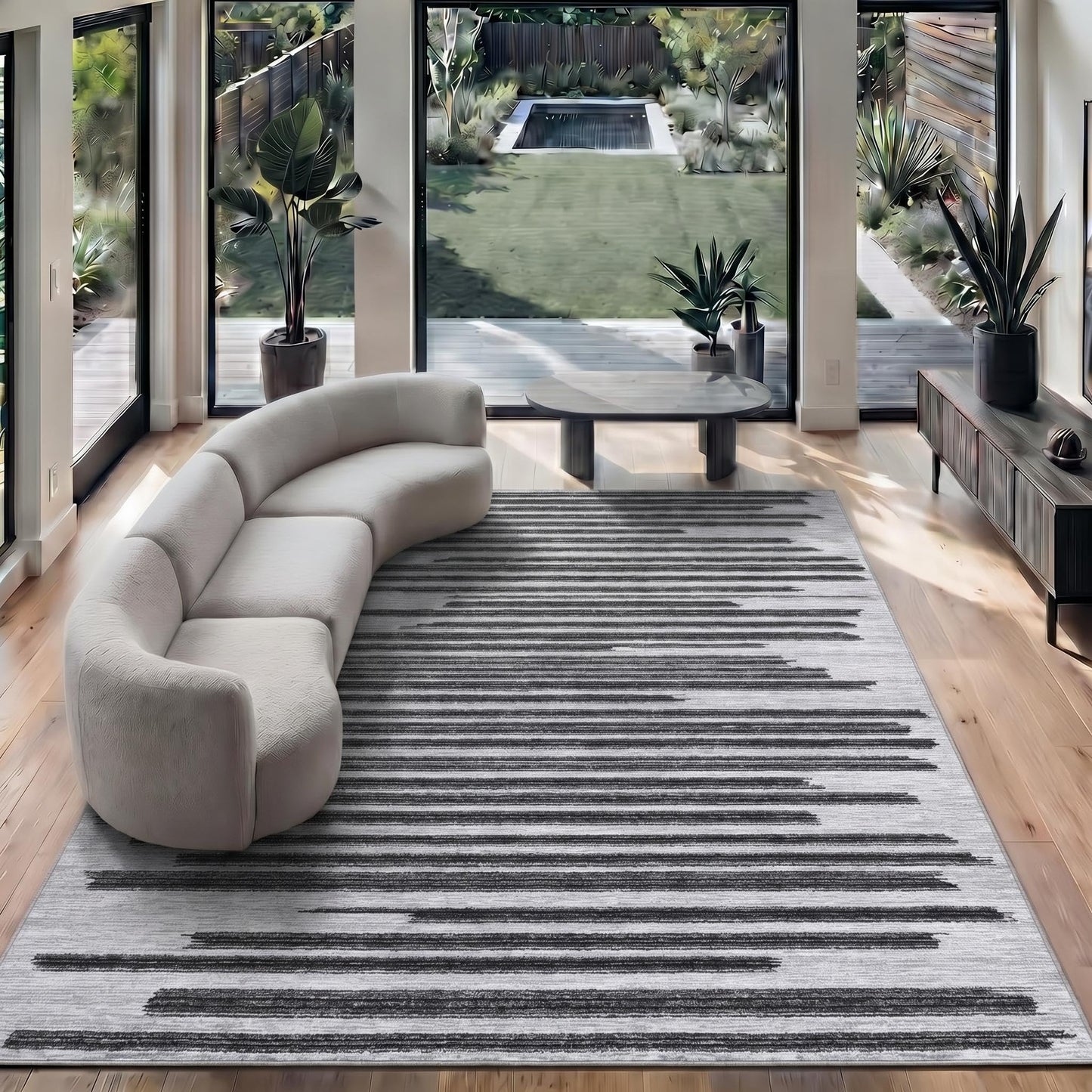 GarveeHome 8x10 Washable Living Room Rug Modern Striped Non Slip Low Pile Indoor Carpet for Home Office Bedroom Dining Room Geometric Stain Resistant Simple Rugs, Black Grey