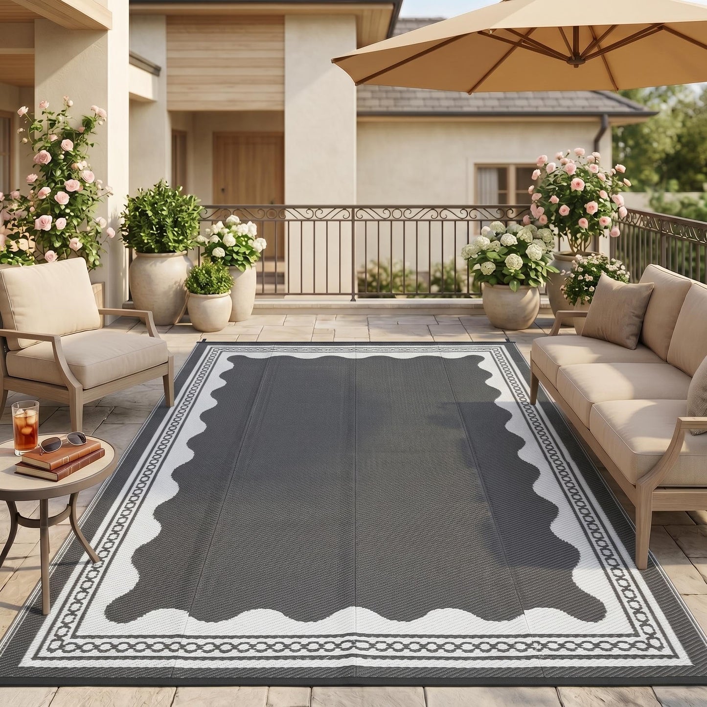 Garvee Outdoor Rug 5x8 Scalloped Waterproof Patio RV Outdoor Rugs Reversible Foldable Plastic Straw Rug Modern Camping Carpet for Deck Camper Porch Balcony Backyard Picnic Beach Grey