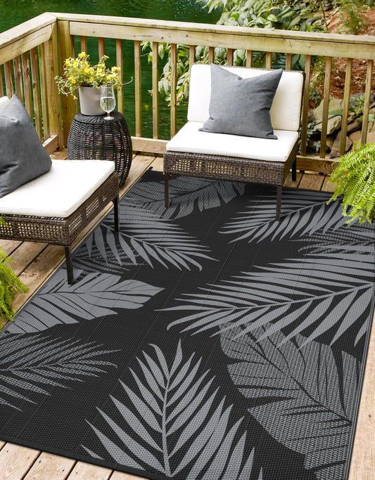 sarben Outdoor Rug 5' x 8' Waterproof for Patios Clearance, Reversible Plastic Straw Indoor Outdoor Rug for RV, Picnic, Backyard, Deck, Balcony, Porch, Beach, Black and Grey