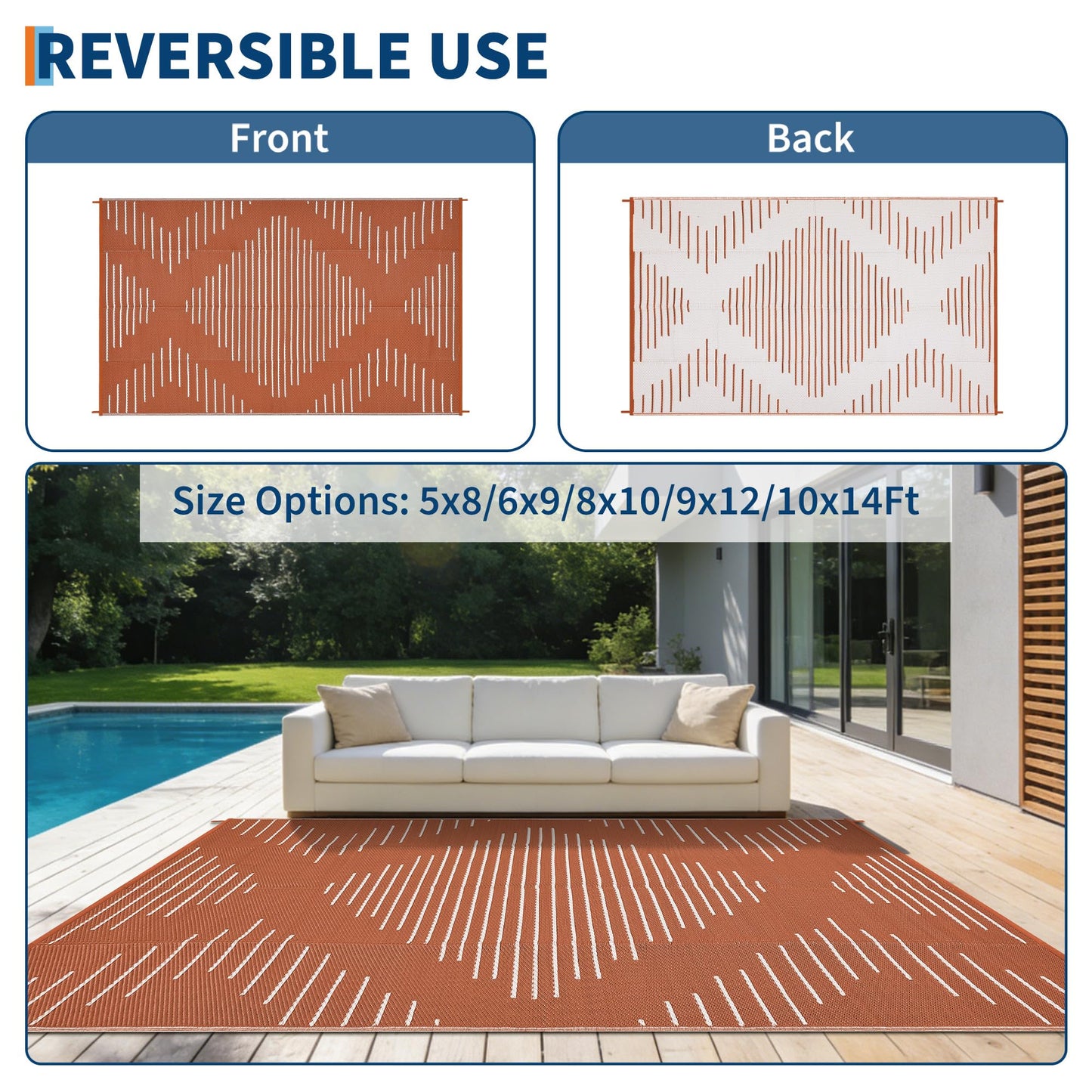 Garvee Waterproof Outdoor Rug 5x8 Rug Plastic Reversible Area Rugs Indoor Outdoor Carpet for Patio RV Porch Balcony Backyard Picnic Terracotta White