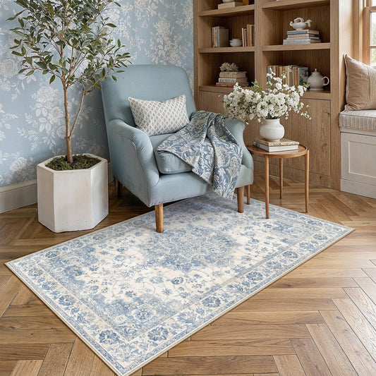 PureCozy Washable 4x6 Area Rug for Living Room Blue Vintage Large Rug Non-Slip Soft Low Pile Carpet Floral Stain Resistant Indoor Office Throw Rug for Bedroom Dining Room Nursery