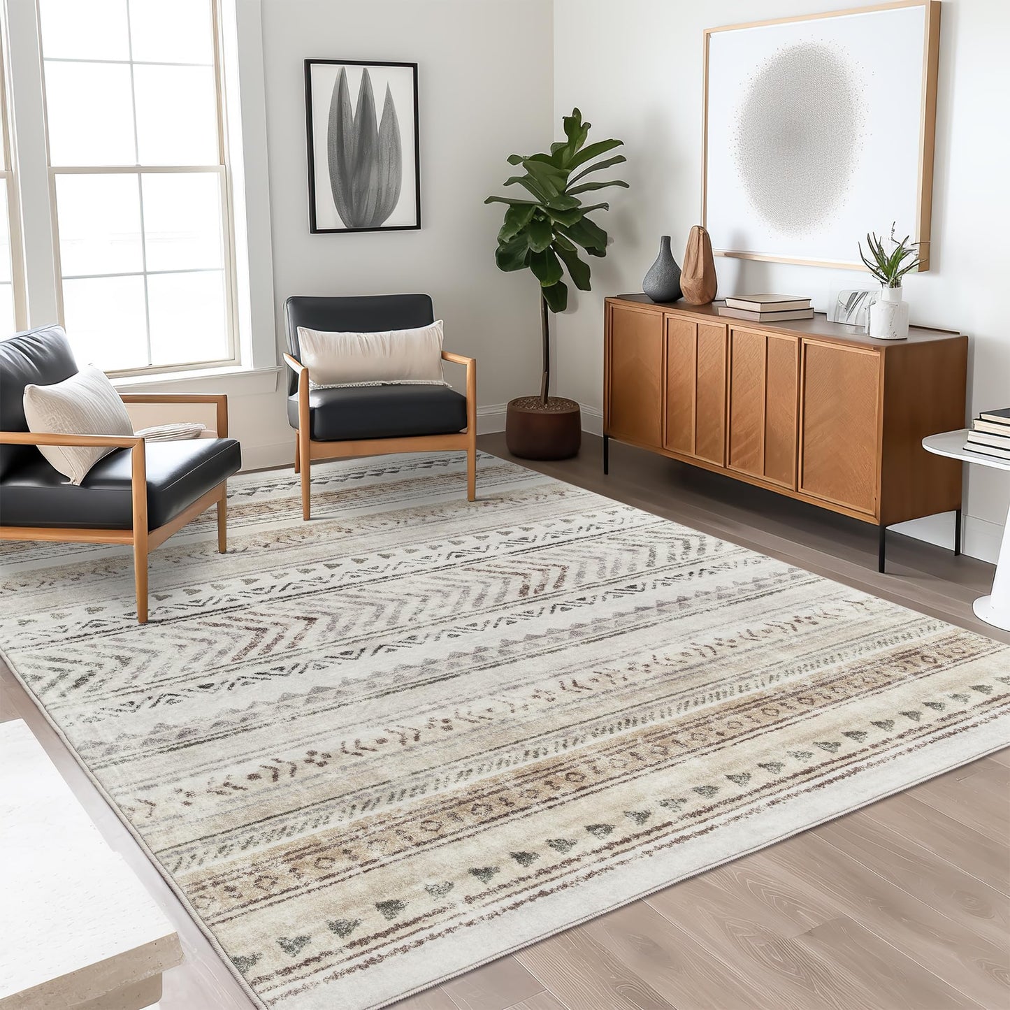 Art&Tuft 4x6 Rug, Super Soft Ultra-Thin Moroccan Washable Rug, Anti-Slip Backing Rugs for Living Room, Foldable Geometric Machine Washable (4'x6', Brown)