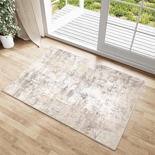 WondRg 2x3 Washable Area Rug Beige Grey Abstract Non Slip Soft Low Pile Small Rug for Entryway Kitchen Bathroom Neutral Modern Throw Carpet for Living Room Bedroom Home Decor