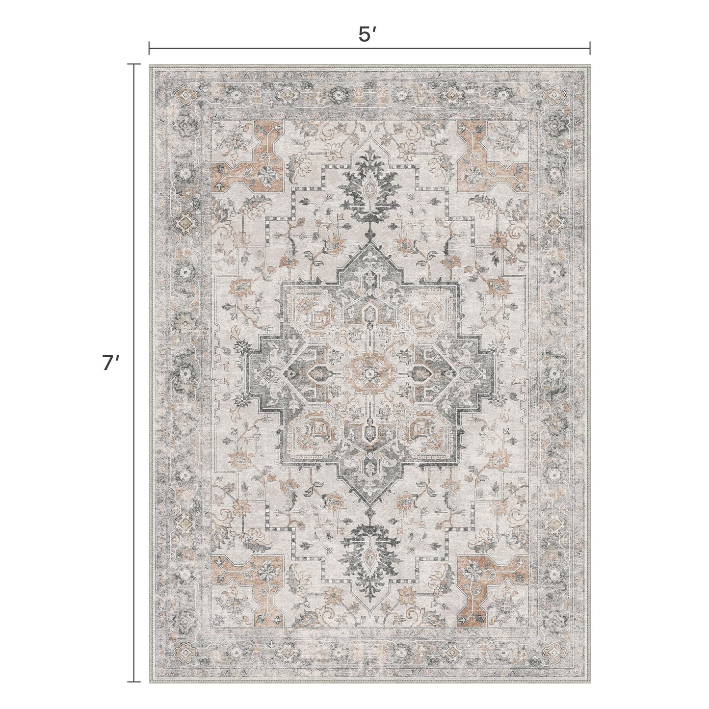 BESBLEE 5X7 Area Rugs for Living Room, Machine Washable Non Slip Vintage Rugs, Low Pile Lightweight Print Rug for Bedroom, Dining Room, Home Office, Light Taupe Brown