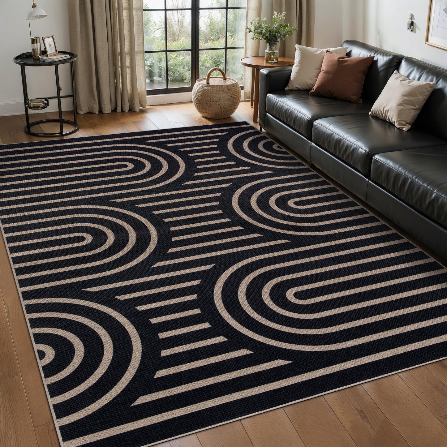 Tangsoo Modern Easy Jute Rug 5x7 Large Washable Area Rugs for Dining Room Table,Non-Slip Thin Black Indoor Outdoor Rug,Farmhouse Neutral Throw Mat for Living Room Backyard Patio Office Home Decor
