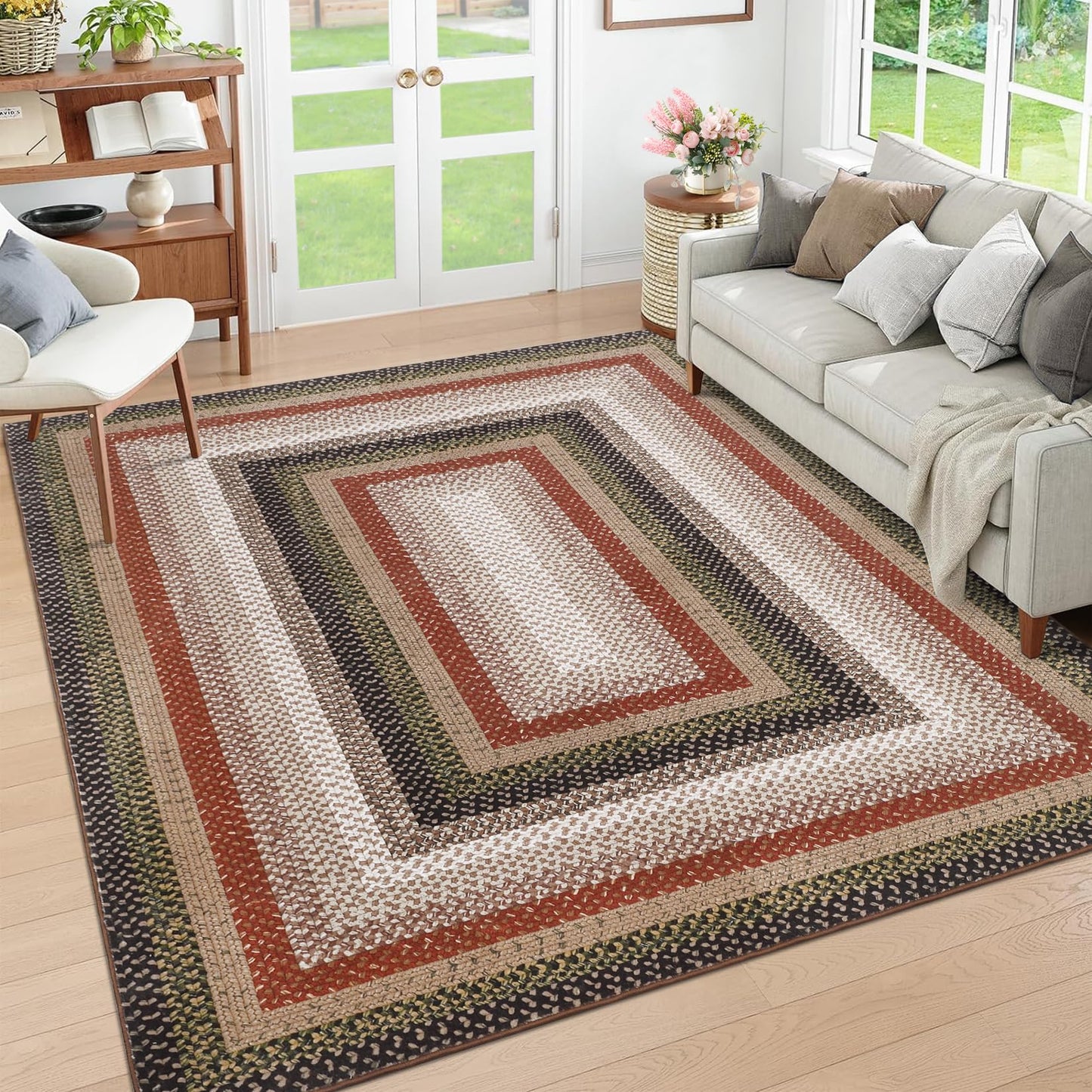 RUGSREAL 5x7 Bedroom Rug Machine Washable Living Room Area Rug Modern Braid Printed Throw Carpet for Dining Room Non Slip Large Entryway Rug Farmhouse Carpet for Home Decor, Crimson/Earthy