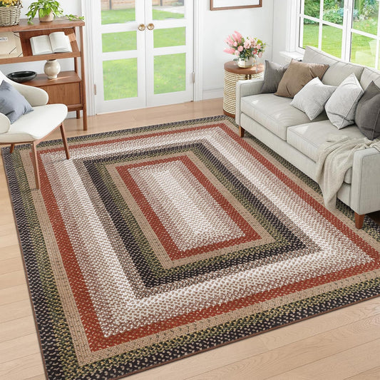RUGSREAL 5x7 Bedroom Rug Machine Washable Living Room Area Rug Modern Braid Printed Throw Carpet for Dining Room Non Slip Large Entryway Rug Farmhouse Carpet for Home Decor, Crimson/Earthy