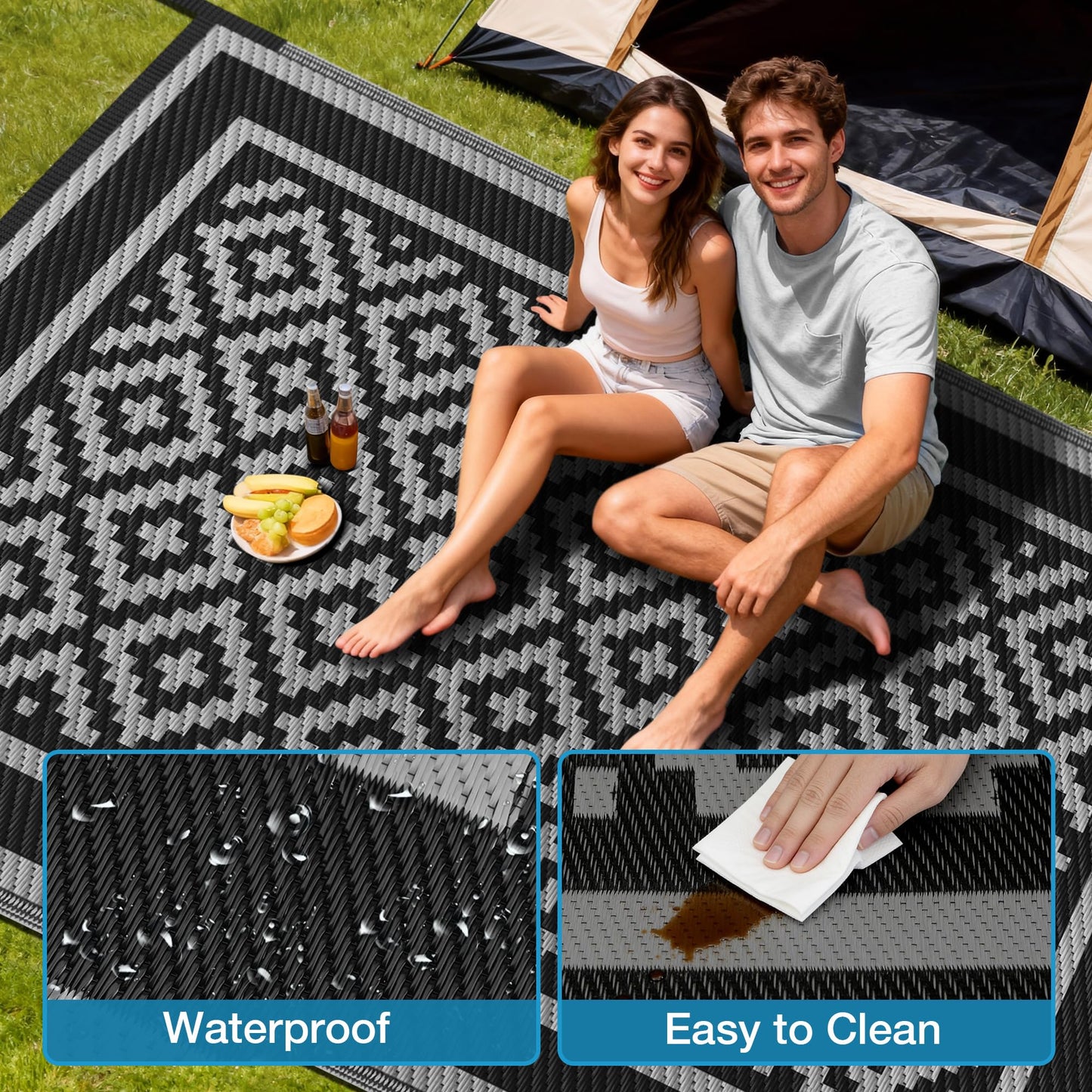 Kohree RV Outdoor Rug 8x10 Reversible, Waterproof Patio Mat with 4 Stakes & UV Fade Resistant, Non-Slip Outdoor Camping Mat for Deck, Picnic, Backyard, Includes Carry Bag (Black & Grey)