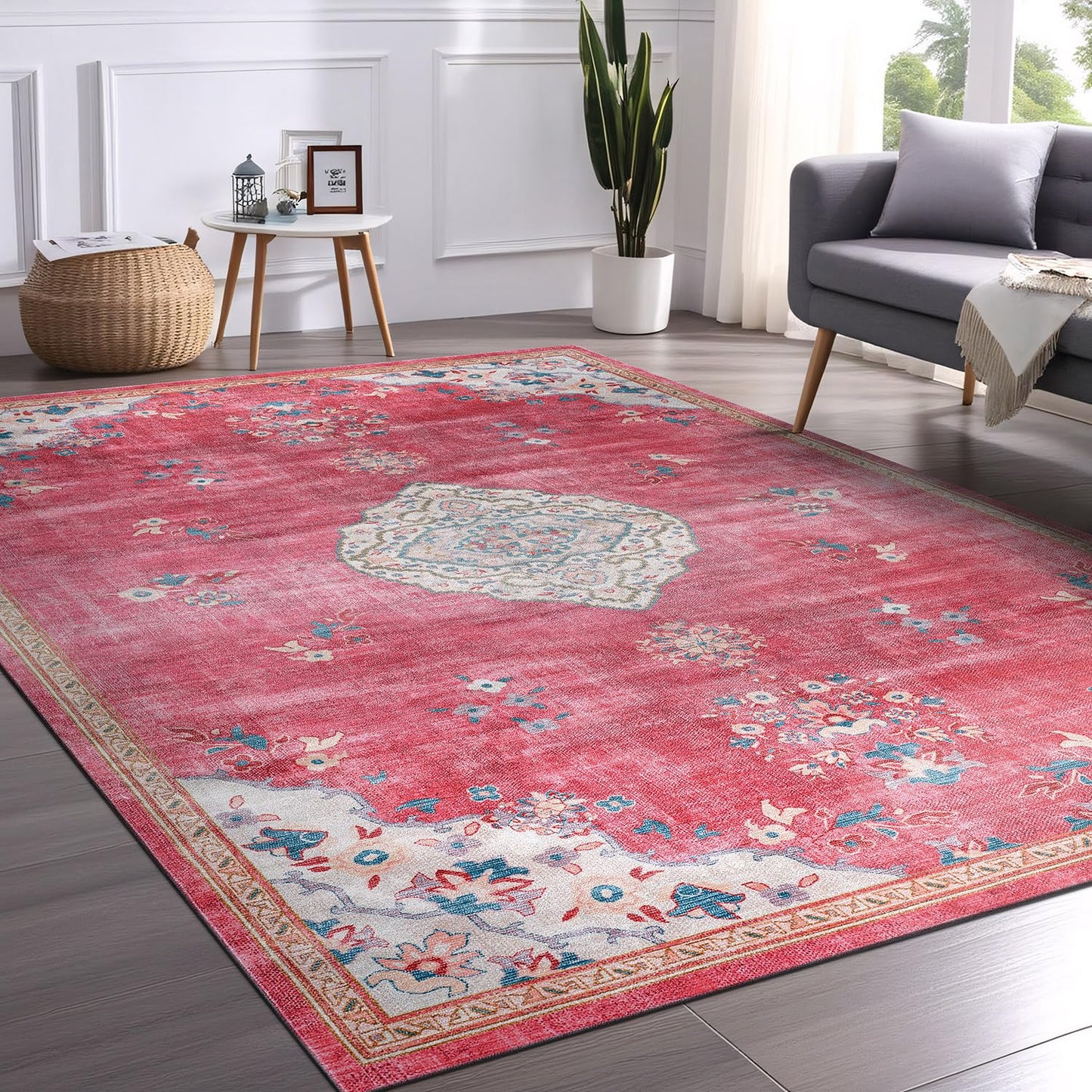 Beverly Rug Non Slip Rugs 5x7 Boho Medallion Floral Non Skid Rubber Backing Easy Silk Soft Area Rug for Living Room Easy to Clean Non Shedding Kitchen Bedroom Indoor Carpet (5 x 7 Fuchsia - Cream)