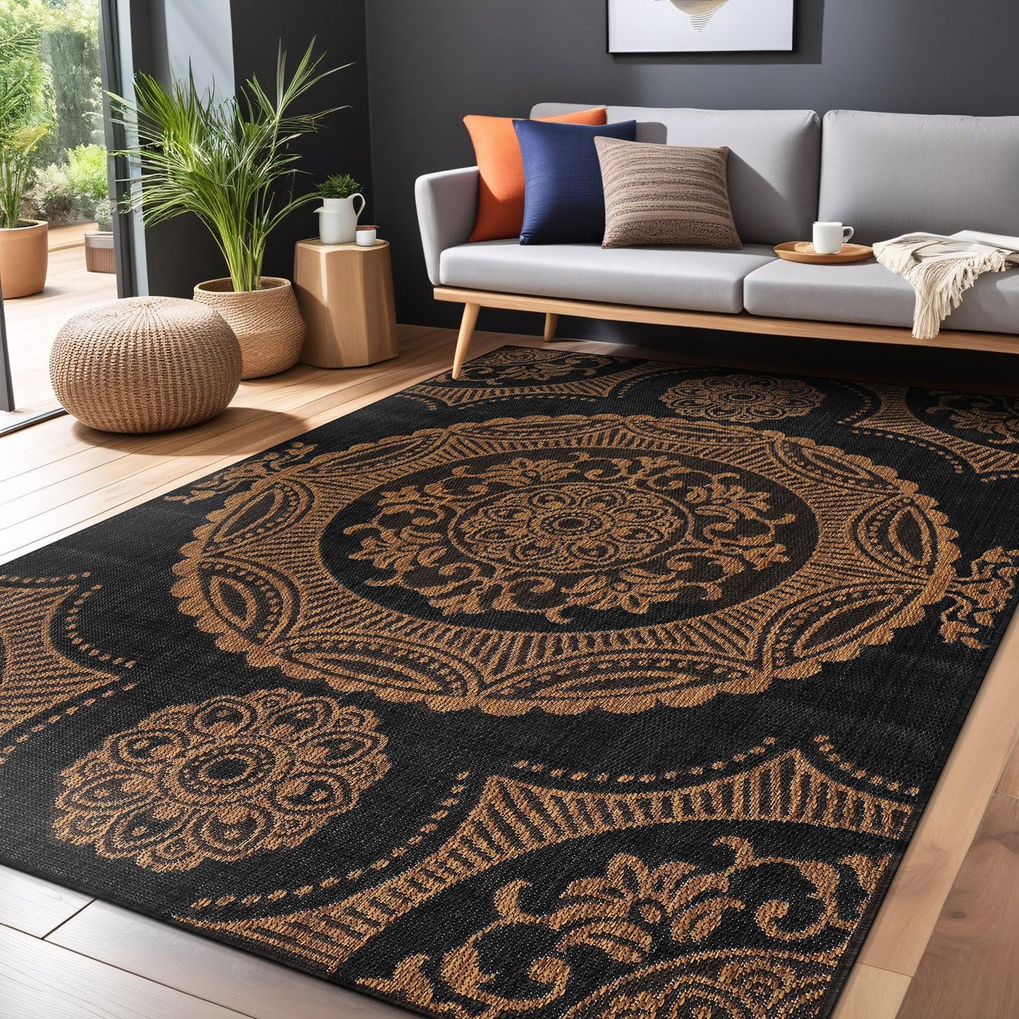 Luul Home Medallion Outdoor Rug 5x7 Washable Outside Carpet for Indoor Patio Porch Waterproof Easy Cleaning Non Shedding Area Rugs Nut Brown 5 x 7