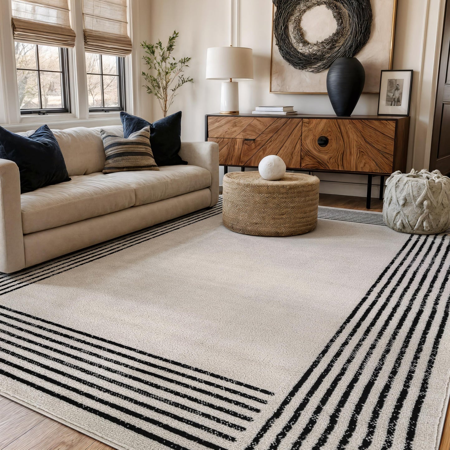 Rugshop Modern Minimal Bordered Indoor Area Rug for Living Room,Bedroom,Kitchen Rug Low Pile Rug with Jute Backing 5' x 7' Cream