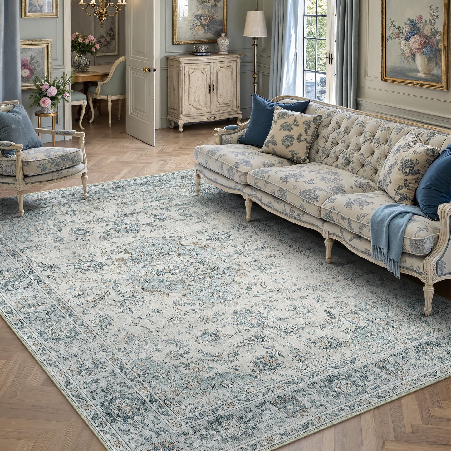 HUGEAR Area Rug 6x9 Machine Washable Living Room Rugs Light Blue Distressed Vintage Floral Low Pile Carpet Bedroom Office Dining Room Laundry Room Non Slip Soft Lightweight