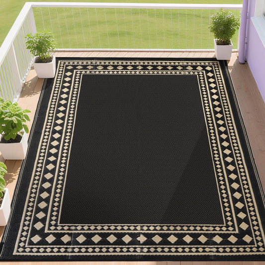 RURALITY Outdoor Rugs 6x9 Waterproof for Patios Clearance,Plastic Straw Mats for Backyard,Porch,Deck,Balcony,Black and Beige