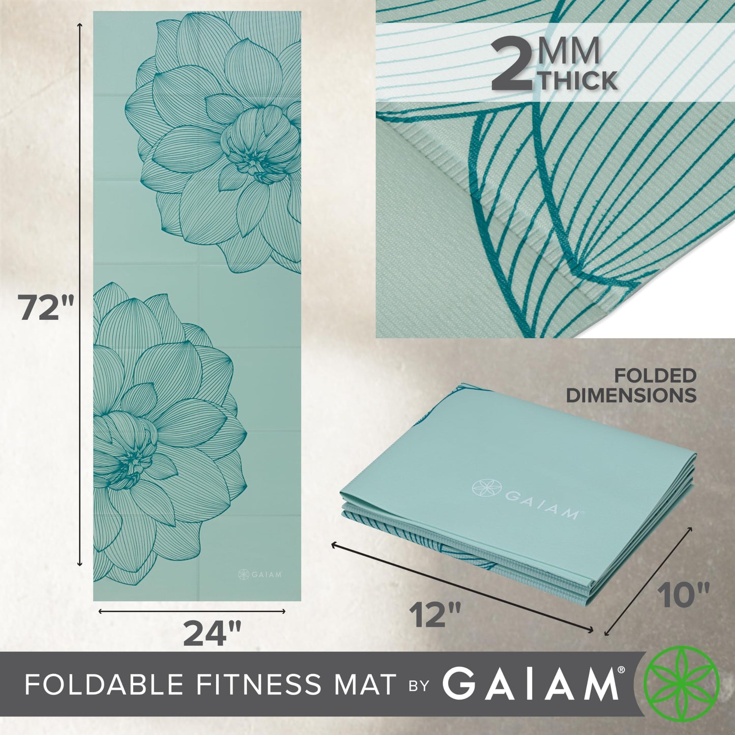 Gaiam Ultra-Thin Folding Travel Yoga Mat – 2mm Slim Foldable Mat for Yoga, Pilates & Floor Workouts | Lightweight & Portable