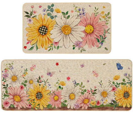 Baccessor Summer Kitchen Mats Set of 2, Sunflower Daisy Floral Kitchen Rugs for Floor Non Slip Low-Profile Seasonal Home Decor 17x29 and 17x47 Inch