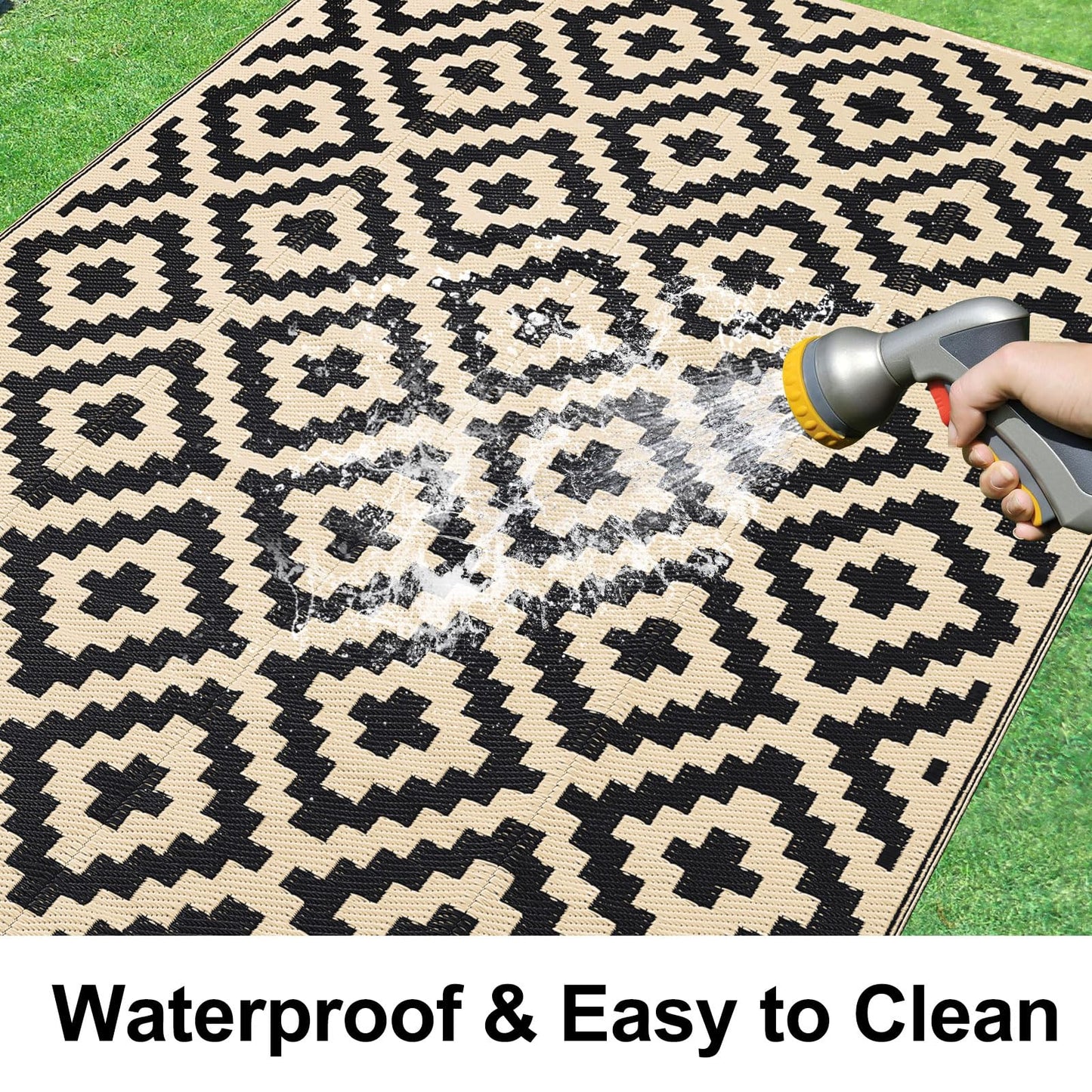 Smiry Waterproof Outdoor Rug 8x10 ft, Reversible Plastic Straw Patio Camping Rugs, Outdoor Indoor RV Mat Carpet for Patio, Outside Entry, Backyard, Deck, Bench, Picnic, Camper, Black & Beige