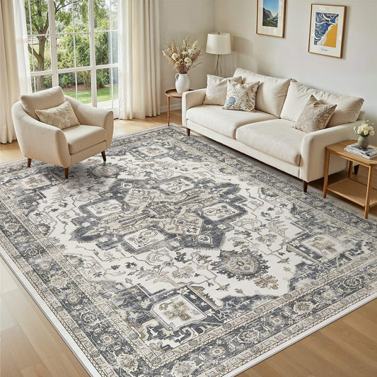 Jessibou 6x9 Washable Area Rugs for Living Room, Large Rug Non Slip Backing Vintage Distressed Stain Resistant Soft Low Pile Indoor Carpet for Bedroom Dining Room Kid & Pet Friendly-Heathered Grey