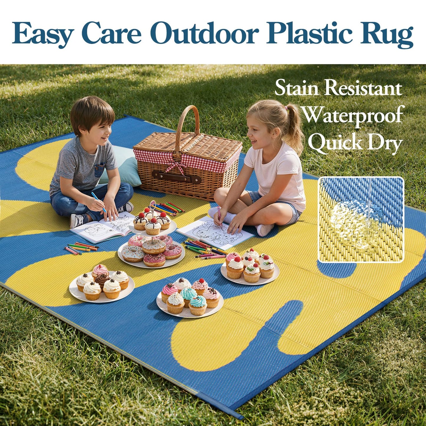 Wonnitar Abstract Outdoor Rug 6x9, Modern Coral Waterproof Reversible Plastic Straw Rug for Patio, Foldable Lightweight Outside Carpet for Deck, Balcony, RV, Beach, Blue/Yellow