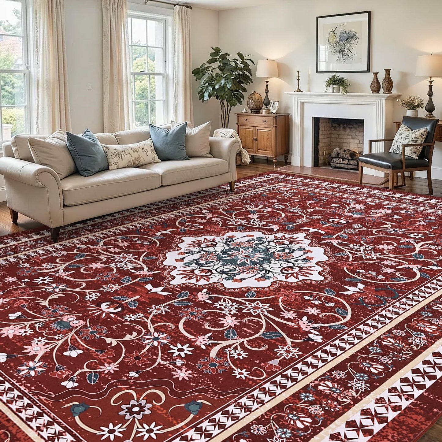 BLEUM CADE 5' x 7' Red Boho Rugs for Living Room, Washable Low Pile Non-Slip Area Rugs for Bedroom Dining Room Kitchen Classroom Office Nursery Playroom