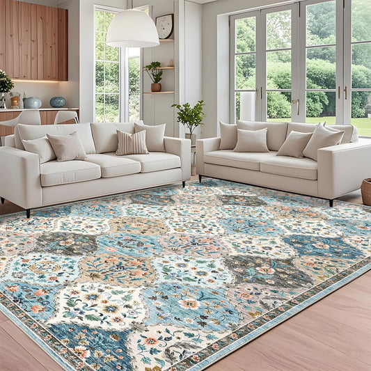 ROYHOME 8x10 Area Rug Machine Washable Rug for Living Room Moroccan Trellis Indoor Accent Rug Stain Resistant Non-Slip Carpet Farmhouse Vintage Distressed Floral Floor Cover for Bedroom, Blue/Taupe