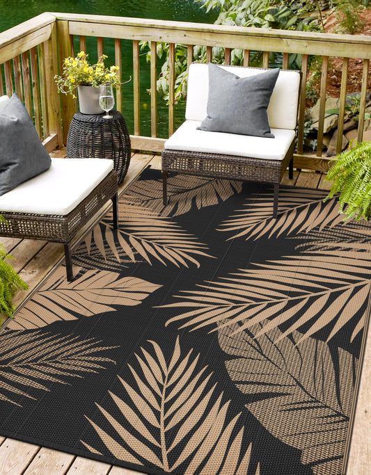 sarben Outdoor Rug 4' x 6' Waterproof for Patios Clearance, Reversible Plastic Straw Indoor Outdoor Rug for RV, Picnic, Backyard, Deck, Balcony, Porch, Beach, Black and Brown