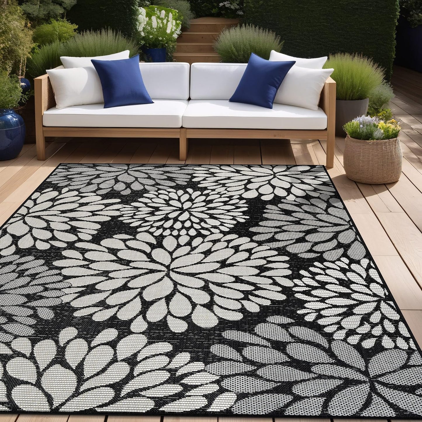 Beverly Rug Outdoor Rug 8x10 Modern Exotic Tropical Leaf Area Rugs for Indoor and Outdoor Patio Deck Porch Garden Water Resistant Washable Outside Carpet (8 x 10 Dark Gray)