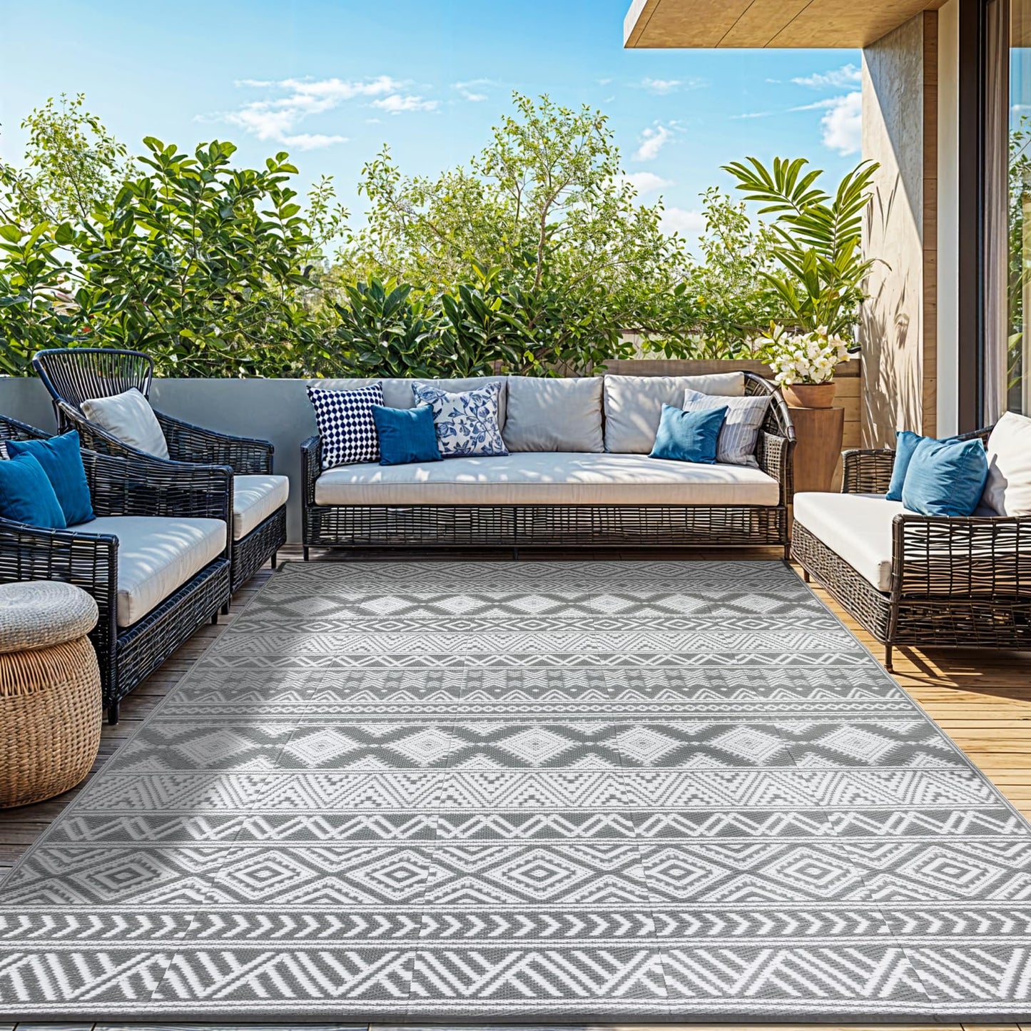 Waterproof Outdoor Rug 8x10 ft, Reversible Plastic Straw Patio Camping Rugs, Outdoor Indoor RV Mat Carpet for Patio, Outside Entry, Backyard, Deck, Bench, Picnic, Camper(8x10,Gray&White)