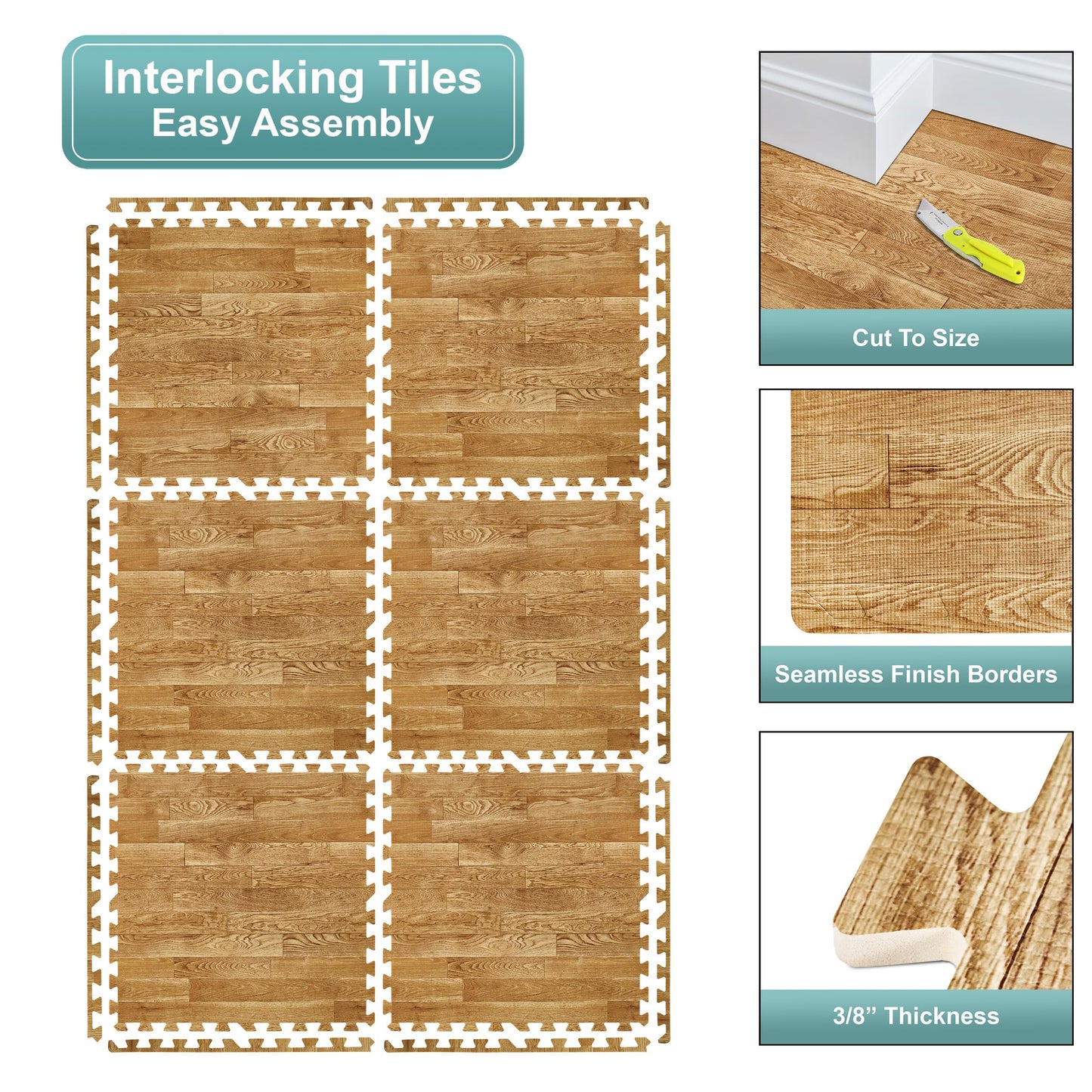 Sorbus 96 Sq. Ft. Wood Grain Floor Tiles Foam Mat EVA Interlocking Mats Tile 3/8-Inch Thick Flooring Wood Puzzle Exercise Mats w/Borders - Home Playroom Basement, Apartment, Trade Show, Baby, Dance