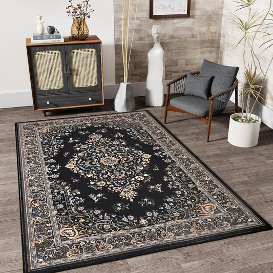 HOMORE Black Rug 4x6 Area Rugs for Bedroom, Washable Non Slip Rug for Living Room Vintage Floral Rugs for Kids Room, Indoor Carpet for Kitchen Farmhouse Home Office