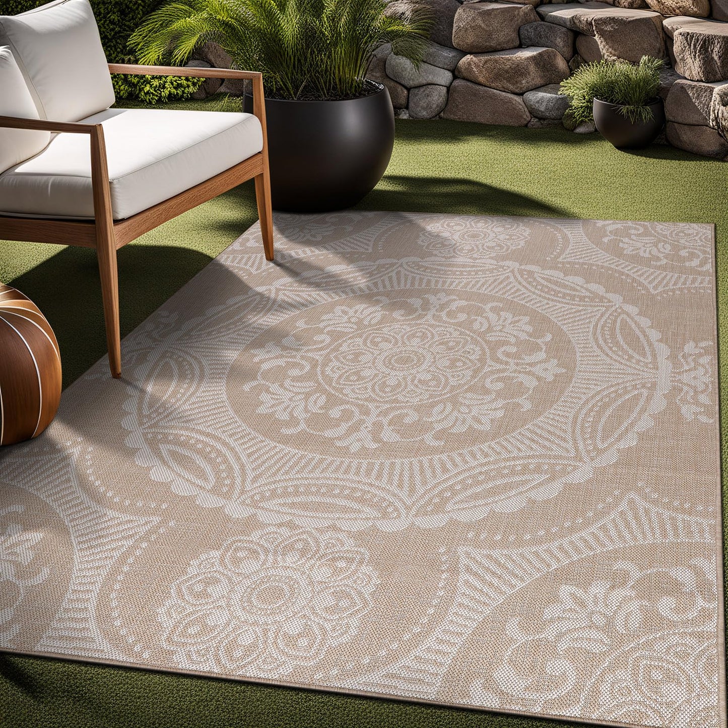 Luul Home Medallion Outdoor Rug 5x7 Washable Outside Carpet for Indoor Patio Porch Waterproof Easy Cleaning Non Shedding Area Rugs Beige 5 x 7