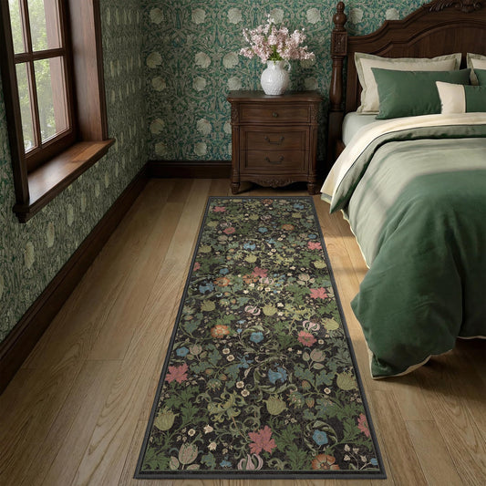 Machine Washable Floral Runner Rug 2x6, Vintage Farmhouse Botanical Runner Rug, Non Slip Low Pile Thin Floor Rug for Hallway Kitchen Laundry Bedroom Bedside Indoor Entryway Black Green