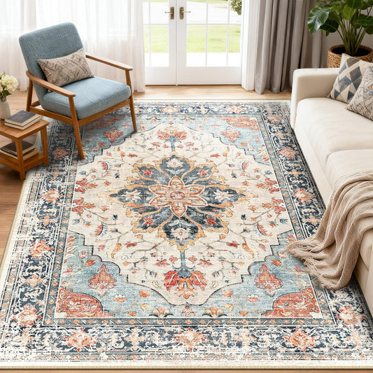 RELEANY Area Rugs 5'x7' Washable Vacuum-Friendly, Non-Slip, Floral Vintage Distress Print Pattern Medallion Carpet for Living Room BedroomBeige Navy Blue Orange Colorful