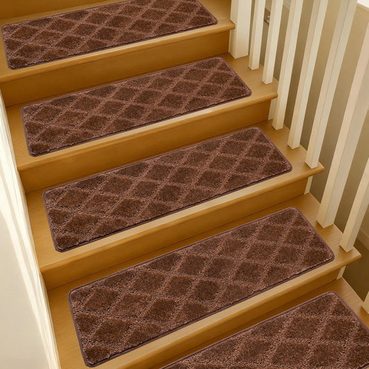 JOYKISS 9"x30" Stair Treads for Wooden Steps Indoor, 2Pcs Non Slip Peel and Stick Carpet Stair Treads, Washable & Reusable Self Adhesive Stair Runner Rug for Kids Elders Pets - Brown