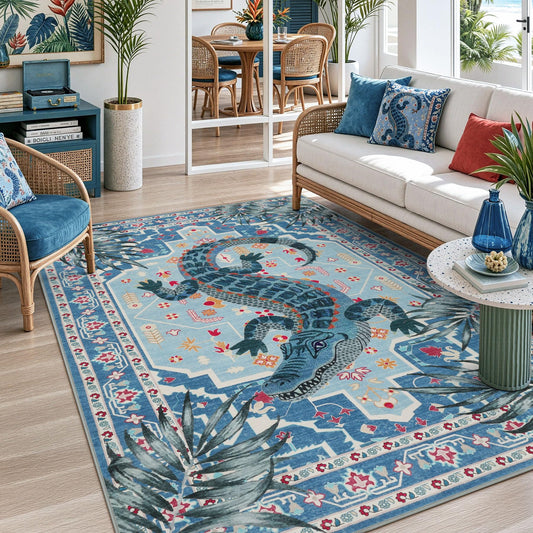 Tribesigns Cute Animal Print 5x7 Area Rug, Blue Vintage Boho Crocodile Pattern, Soft Low Pile Non-Slip Washable Non-Shedding Rug for Bedroom, Living Room, Dorm, Kids Playroom & Nursery Indoor Decor