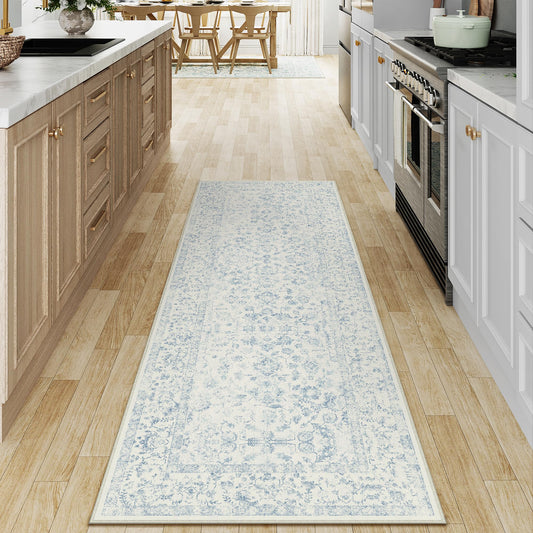 PureCozy 2x6 Blue Runner Rug Hallway Non Slip Kitchen Vintage Distressed Long Carpet Indoor Machine Washable Retro Floral Bedroom Accent Throw Rug for Office Laundry Bathroom Dining Living Room
