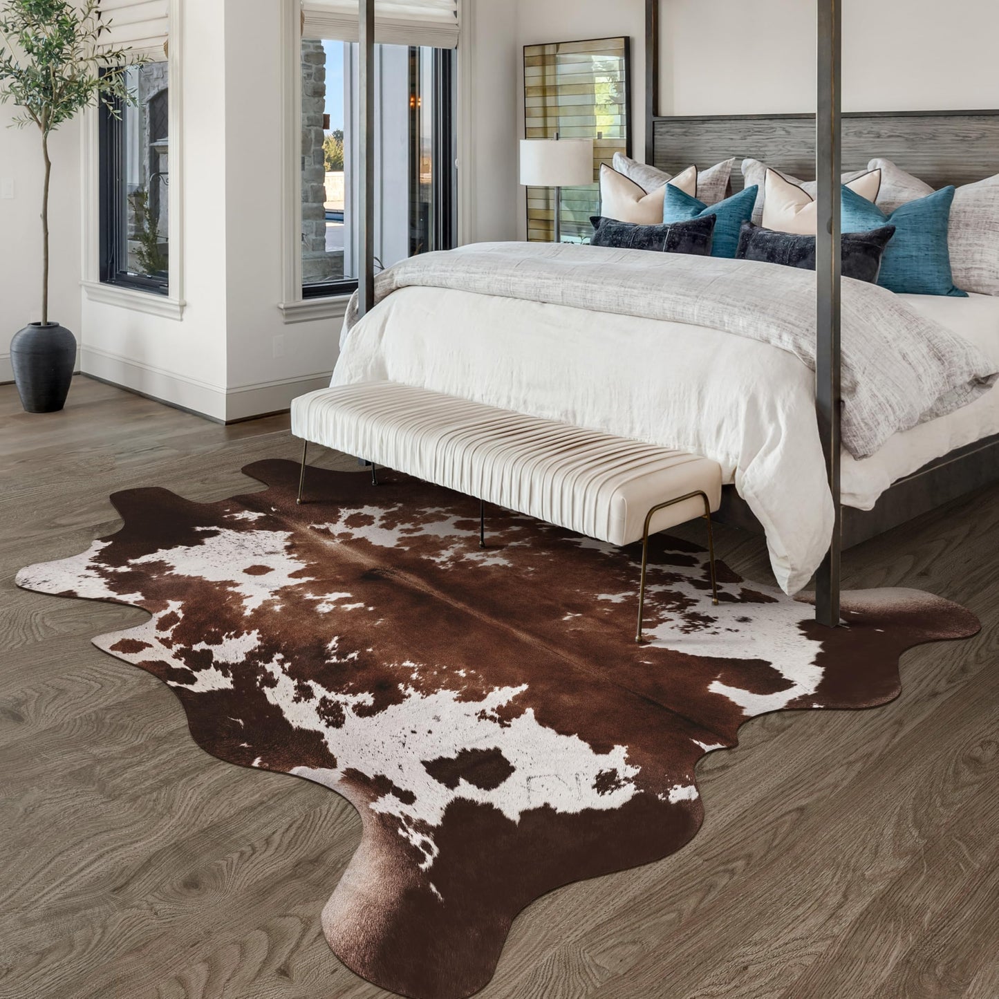 WARM HAVEN Cow Hide Faux Cowhide Rug: Cow Print Rug for Living Room Bedroom 4.6x5.2 Feet - Animal Print Skin Black and Brown Western