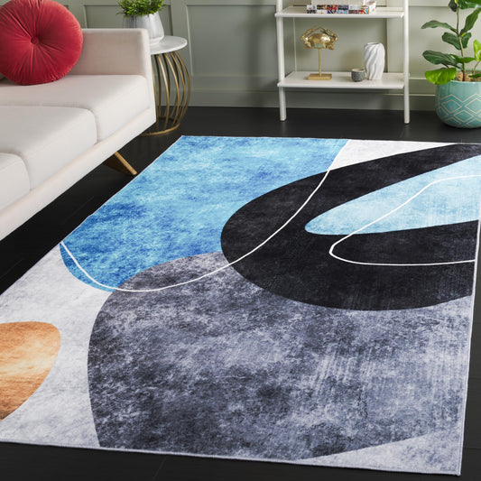 SAFAVIEH Washable Rug Santa Monica Collection - 3' x 5', Dark Grey & Turquoise, Slip Resistant & Easy to Clean, Ideal for Foyer, Entryway, Kitchen, Bedroom (STM837G)