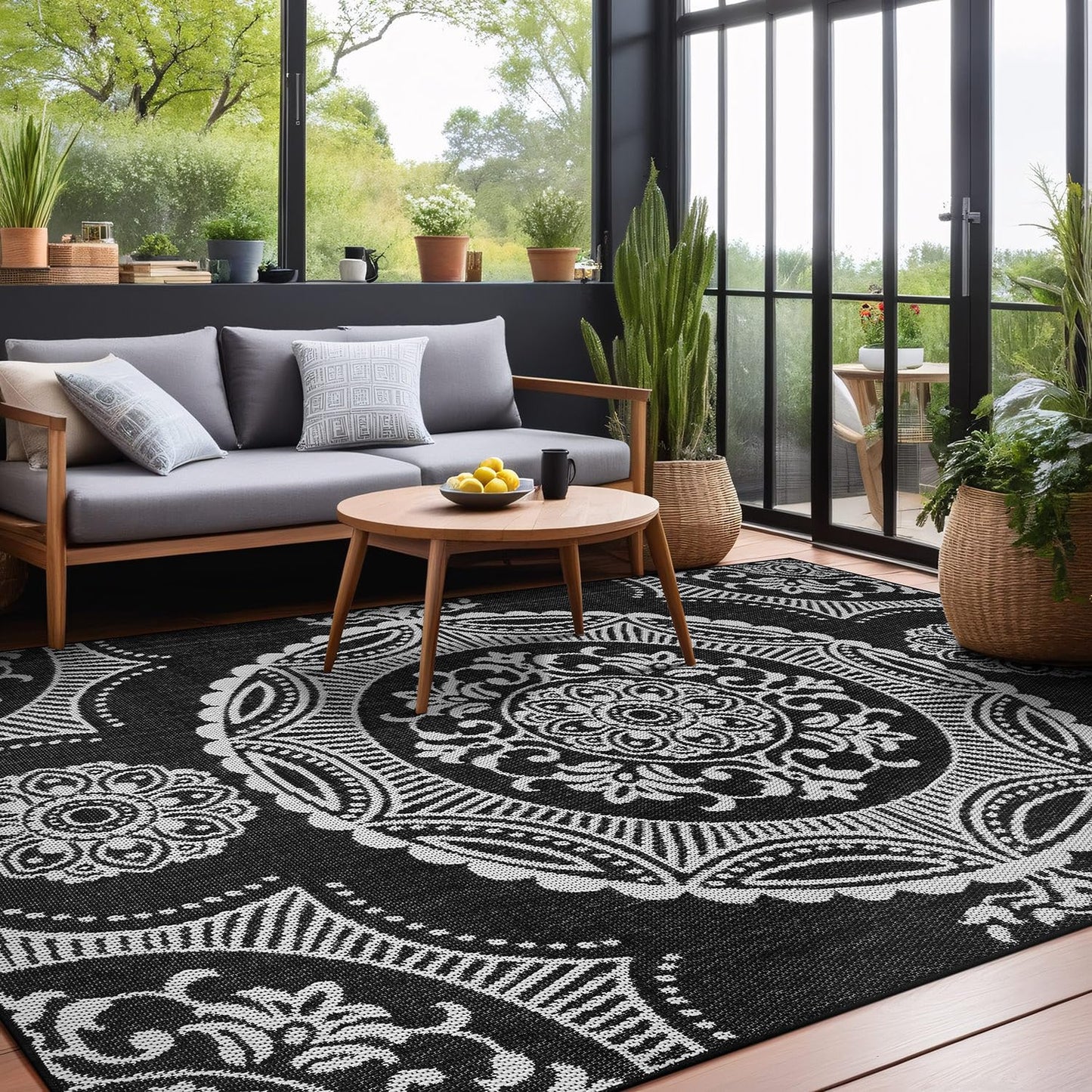 Luul Home Medallion Outdoor Rug 8x10 Washable Outside Carpet for Indoor Patio Porch Waterproof Easy Cleaning Non Shedding Area Rugs Black 8 x 10