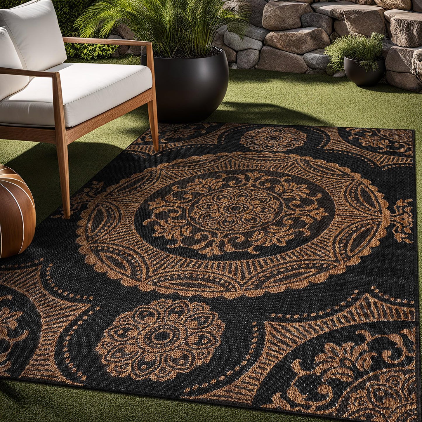 Luul Home Medallion Outdoor Rug 5x7 Washable Outside Carpet for Indoor Patio Porch Waterproof Easy Cleaning Non Shedding Area Rugs Nut Brown 5 x 7