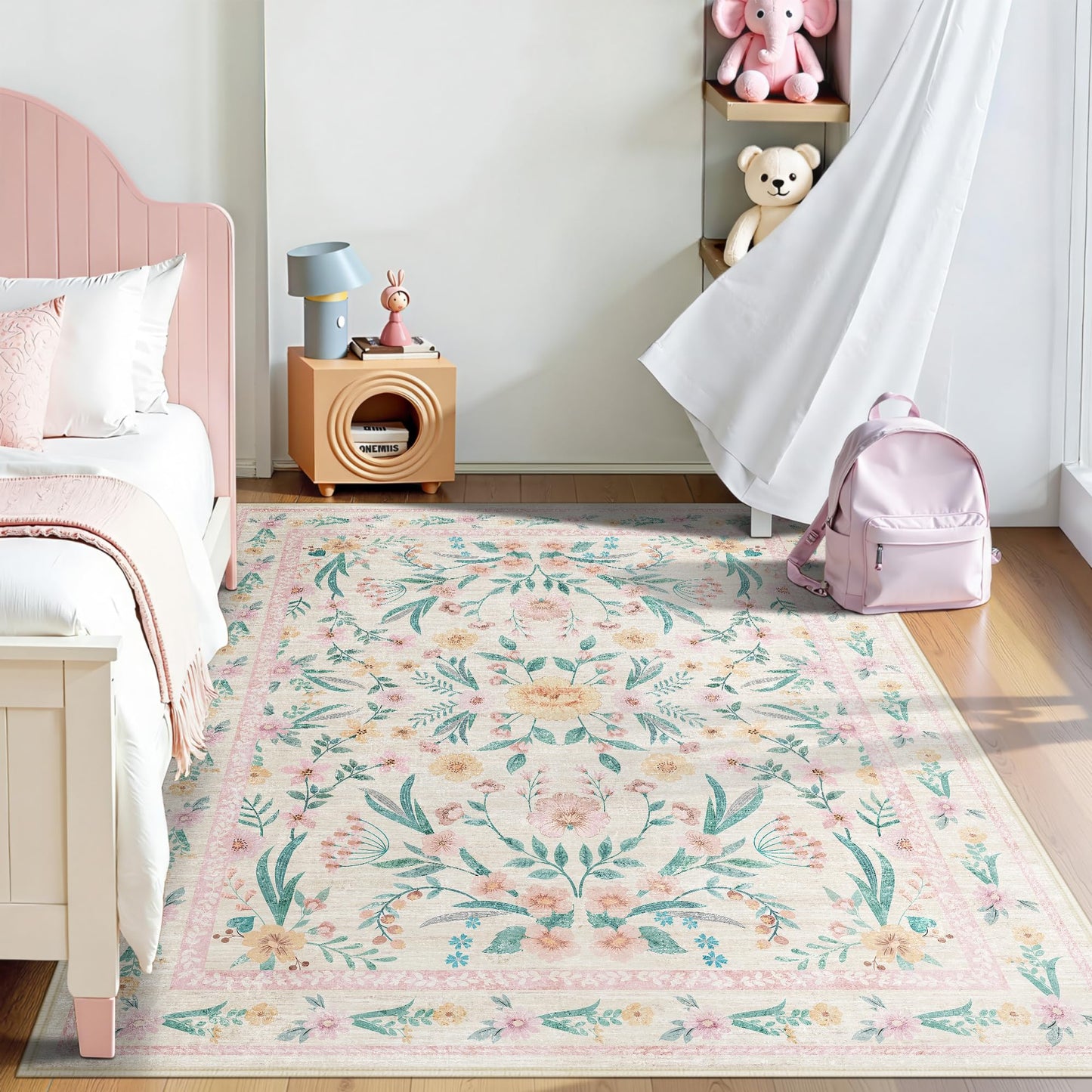 Dadasgk 5x7 Pink Floral Nursery Rug,Pink Rugs for Bedroom Girls,Machine Washable Non Slip Soft Faux Wool Carpet,Cute Boho Indoor Area Rugs for Kids Room or Playroom