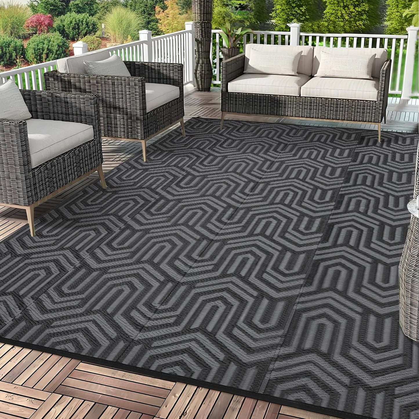MilleLoom 9x12 Outdoor Rug Waterproof Foldable Plastic Straw Carpet for Patio Porch Abstarct Line Reversible Mat Lightweight Floor Mat for Picnic, Backyard, Rv, Beach, Deck, Camper, Balcony，Black/Grey