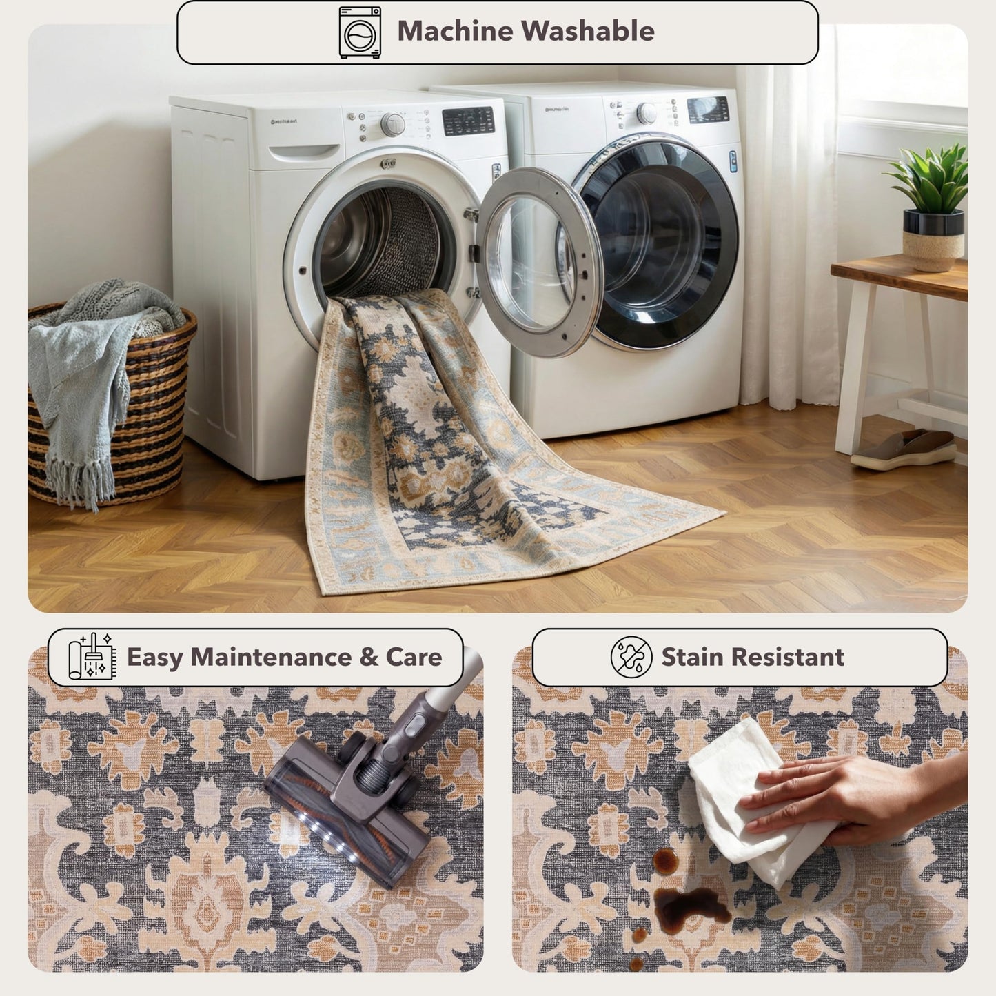 Kuden 8x10 Large Area Rug, Machine Washable Area Rug with Non-Slip Backing, Vintage Style, Soft, Easy Clean, Low Pile Rug for Living Room, Bedroom, Dining Room